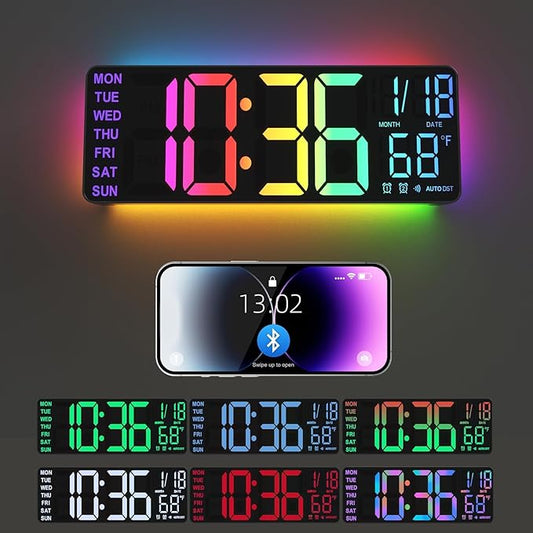Digital Wall Clock Large Display, 13" Large Digital Wall Clock with RGB Color Remote Control, Automatic Brightness Dimmer Big Clock with Night Lights, Auto DST, Date Week,Perfect for Gift