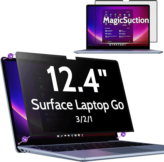 Privacy Screen for 12.4 Inch Surface Laptop Go 3/2/1, MagicSuction™ Removable Anti Spy Black Protector, Glare Blue Light Filter for Microsoft Laptop Computer Monitor