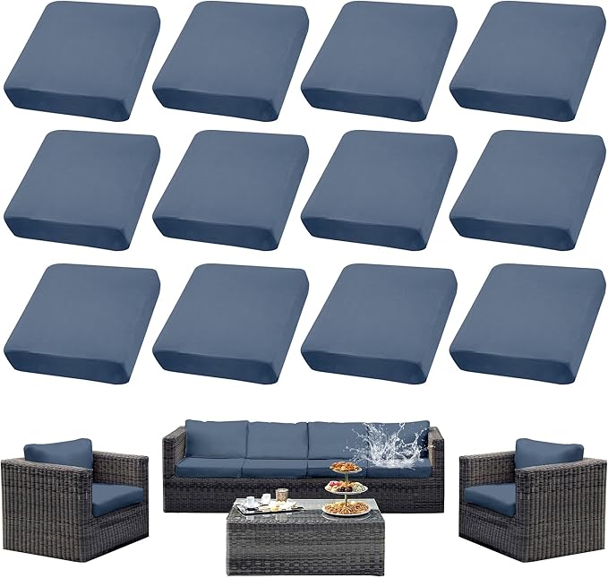 12Pcs Patio Cushion Covers Waterproof, Cushion Covers, Stretch Outdoor Couch Covers, Patio Couch Slipcovers, Patio Cushion Covers Replacement, Outdoor Chair Cushion Covers (Grayish Blue)