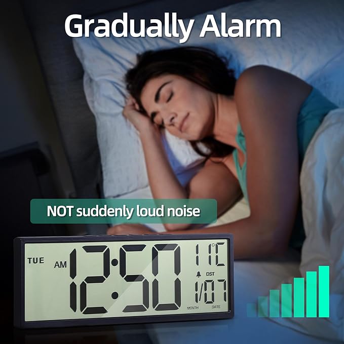 Digital Wall Clock Battery Operated, 15" Digital Clock Large Display with Date and Day of Week, Large Number with Temperature, Auto DST, Alarm, Snooze, 12/24-hour for Desk Office