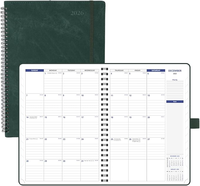 POPRUN 2026-2027 Monthly Planner A4 Size, 16 Months Calendar (Dec 2025-Mar 2027), 2 Pages per Month with Dotted & Lined Note, Monthly Tabs, Spiral Softcover, 2 Inner Pockets - Blue Green