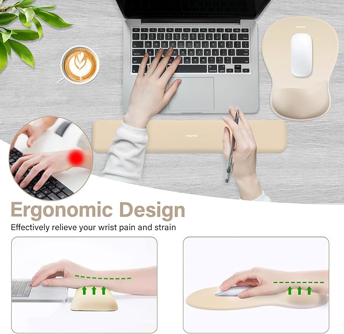 MOSISO Wrist Rest Support for Mouse Pad&Keyboard Set, Ergonomic Mousepad with Concave Curved Memory Foam, Non-Slip Base Pain Relief Comfortable Rectangular Easy Typing Pad for Home/Office, Khaki
