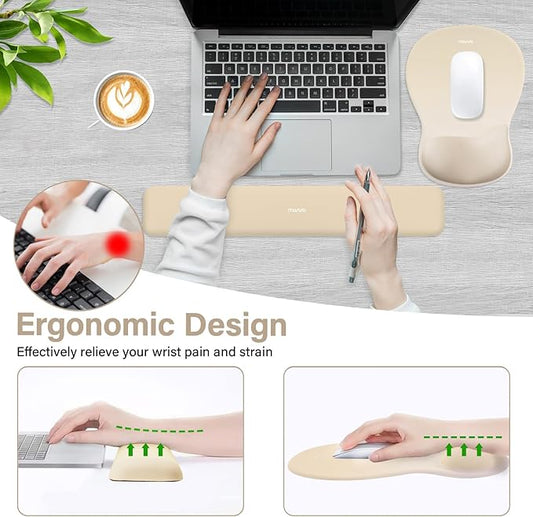 MOSISO Wrist Rest Support for Mouse Pad&Keyboard Set, Ergonomic Mousepad with Concave Curved Memory Foam, Non-Slip Base Pain Relief Comfortable Rectangular Easy Typing Pad for Home/Office, Khaki