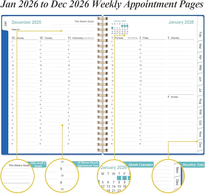 2026 Appointment Book & Planner - 2026 Daily Hourly Planner from January 2026 - December 2026, Weekly Appointment Book with 30-Minute Interval, Medium 6.4" x 8.5", Blue-B