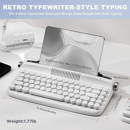 YUNZII Upgraded Wireless Typewriter Keyboard, Retro Aesthetic with Integrated Stand,Cute Round Keycaps, USB-C/Bluetooth Connection for Table, Phone, PC and Win/Mac/Android (B307, Snow White)
