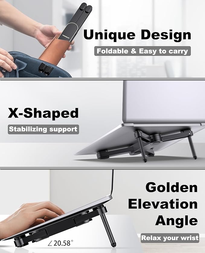 New Concept Laptop Stand - Adjustable Ergonomic Aluminum Riser for MacBook Pro/Air up to 15.6” - Foldable & Portable Computer Stand for Desk, Students, Office, Travel, Gaming - Black
