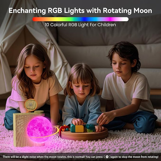 Rotating Moonlight Alarm Clock for Heavy Sleepers - Sunrise Simulation Wake-Up Light, Snooze, 10 Light Effects, 30/60/90 Timer, 10 Nature Sounds & 15 Ringtones,12 Volume- Bedroom Lamp for Kids Adults