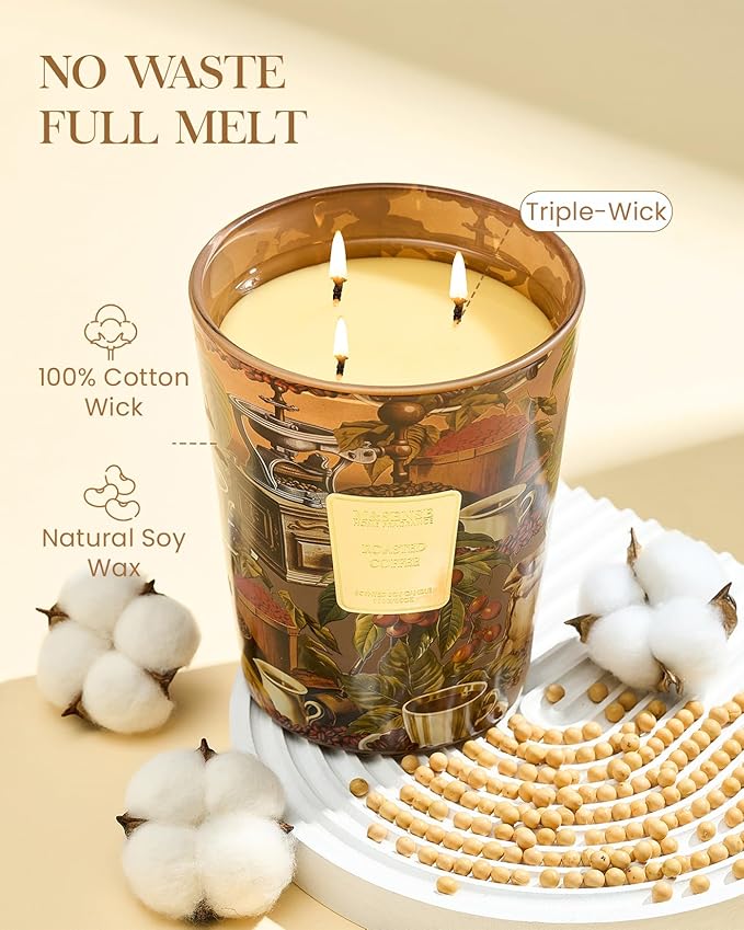 M&SENSE Roasted Coffee Scented Candle, 3 Wick Soy Natural Wax Candles, 35oz 150H Long Lasting, Stress Relief Home Fragrance Housewarming Gifts
