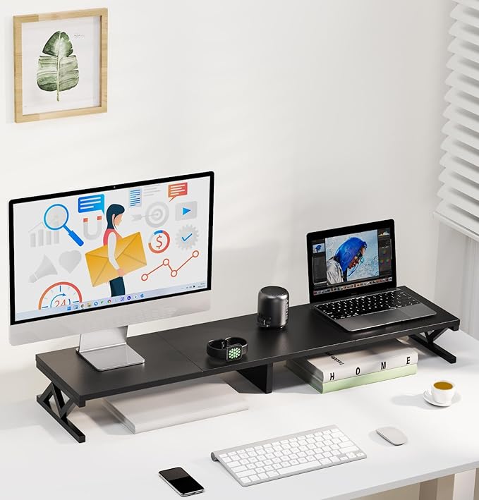 Dual Monitor Stand Riser, Large Wood Monitor Lift with Storage, Sturdy Wood&Steel Multi Screen Stand, Desktop Organizer