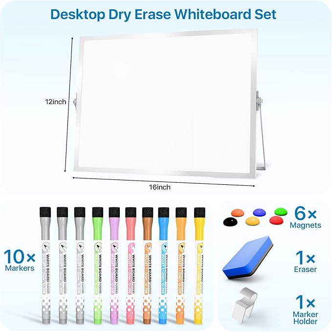 Dry Erase White Board with Stand,Double-Sided Whiteboard 12"x16", 10 Markers,6 Magnets, 1 Eraser,Portable Desktop Whiteboard for Planning,Colorful Weekly Schedule Board for School for Home