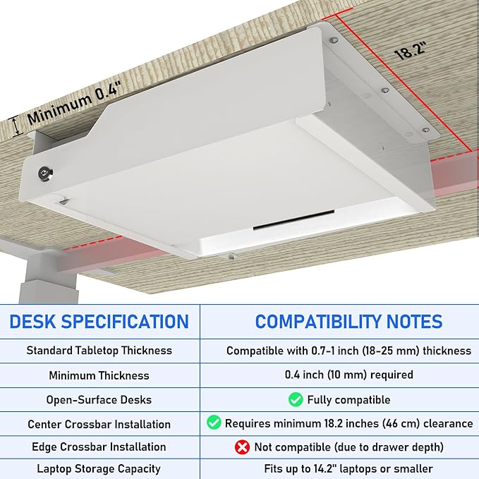 Lumil Under Desk Mounted Drawer Lockable with 3 Prong Extension Cord 10 FT with Multiple Outlets and Foldable Cable Management Arm for Office Desk 15.7" (W) x 15.7" (D) x 4.4" (H), White