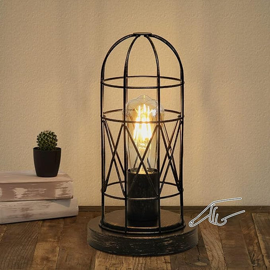 Industrial Table Lamp, Small Touch Lamp with Rustic Cage Vintage Bedside Lamp 3 Way Dimmable Nightstand Lamp Edison Desk Lamp for Bedroom, Living Room, Hallway, Entryway, Kitchen, 4W LED Bulb Included