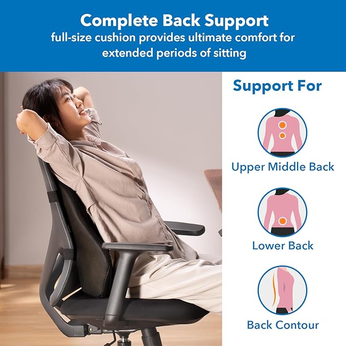 Mount-It! Office Chair Cushion, Lumbar Support Pillow for Office Chair, Back Support Pillow for Desk Chair, Gaming, Home or Car with Memory Foam Filling, Relief Back Pain Improve Posture, Black Large