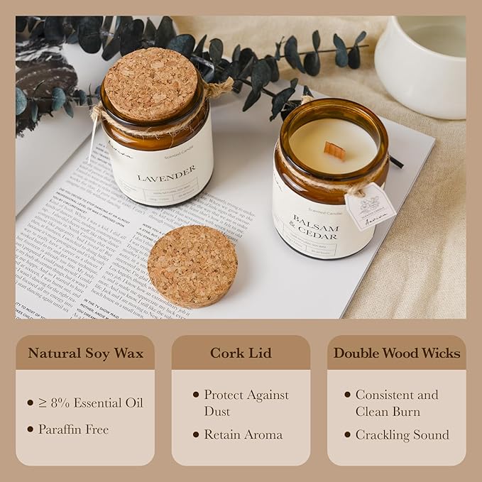 Scented Candle, 7.05 oz Lavender Aromatherapy Candle, Natural Soy Wax with Wooden Wick, Candles for Home Scented, Stress Relief Amber Jar Candle Gifts