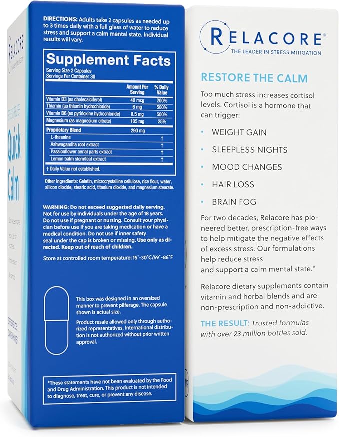 Quick Calm Mood Support Supplement with Ashwagandha, L-Theanine, Rapid Stress Relief and Relaxation – Cortisol Supplement - 60 ct