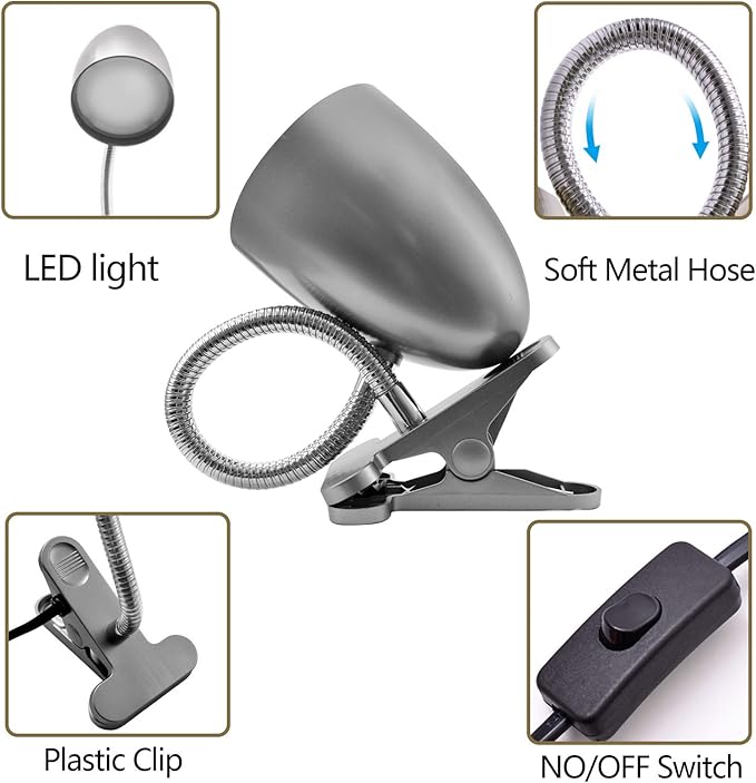 ENERGETIC SMARTER LIGHTING Desk lamp with Clamp, Non-Dimmable Clip Light for Bed and Desk, 4000K Cool White, 3.5W 240 LM Flexible Gooseneck lamp, Eye Protection, ETL Listed