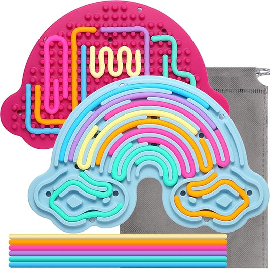 2 Pack Sensory Activity Board Silicone Fidget Toy, Double-Sided Rainbow Sensory Toys for Autism, Stress, Anxiety, ADHD, Kids 3+& Adults, Includes Travel Bag & 24 Strings, Red & Blue