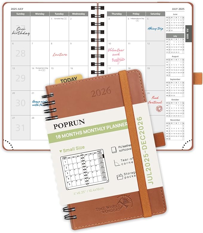 POPRUN Monthly Planner 2025-2026 Pocket Size (4" x 6.25") 18 Months Calendar (Jul 2025 - Dec 2026) - 4 Pages per Month with Monthly Expense & Notes, Sunday Start, Leather Cover - Brown