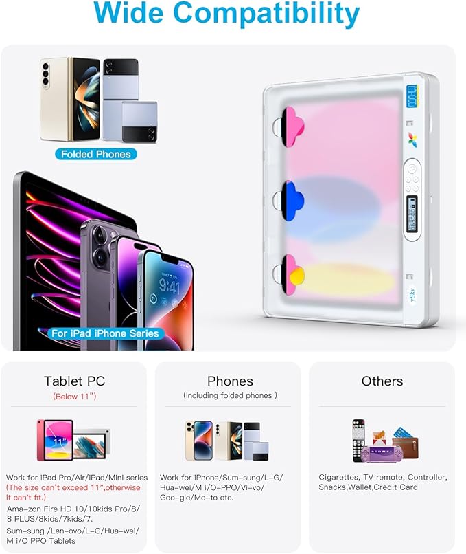 ySky Phone Lock Box with Timer for iPad Under 11inch,Timed Lock Box for iPhone,Tablet,Folded mobiles,Phone Locker for Children to Reduce Screen Time to get Focus Back