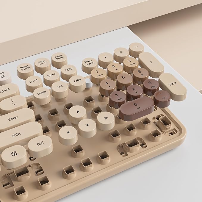 GTSP Retro Wireless Typewriter Keyboard and Mouse Combo, 2.4GHz Full-Size Cute Office Computer Keyboard with Round Keycaps for Desktop Laptop and PC (Colorful Brown)