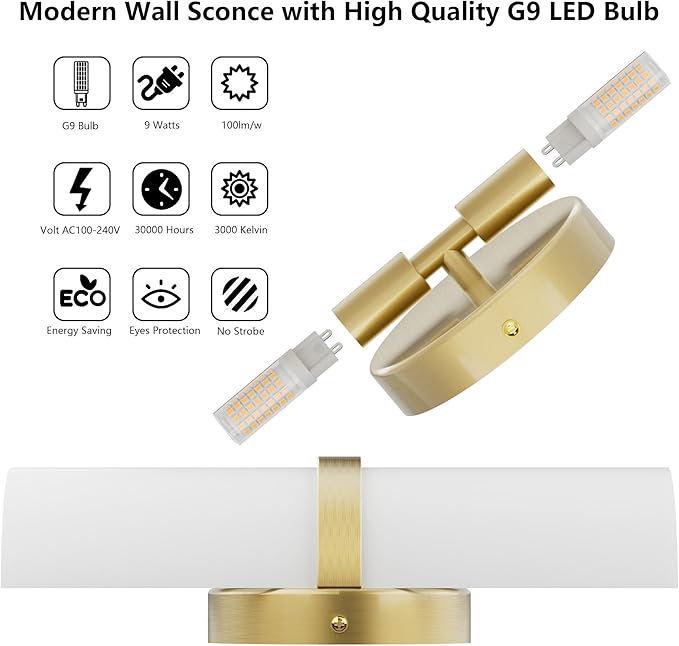 Gold LED Wall Sconce Set of 2 Indoor Hardwired Up and Down Wall Lights for Living Room Bedroom Hallway Corridor Warm White 3000K (Without G9 Bulbs)