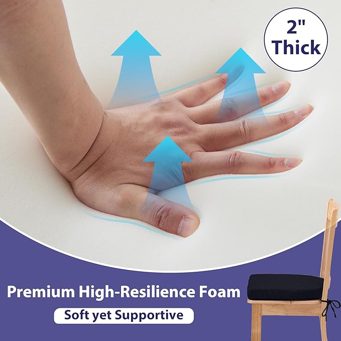 Chair Cushions for Dining Chairs with Ties and Removable Cover, Dining Kitchen Chair Pads with Non-Slip Bottom, High Density Foam Indoor Seat Cushions, 16'' x 16'' x 2'', Set of 4, Black