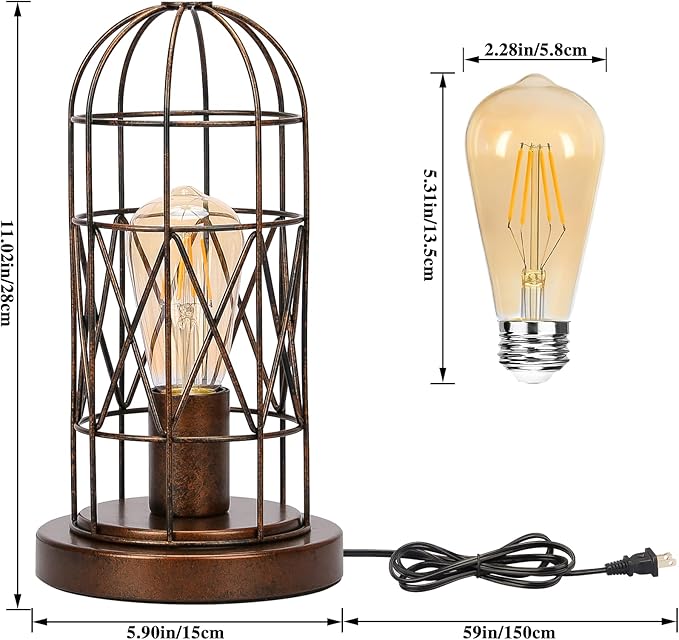 Small Touch Lamp, Industiral Bedside Table Lamps with Antique Bronze Cage, 3 Way Dimmable Nightstand Steampunk Edison Lamp for Bedroom Living Room Kitchen, LED Bulb Included