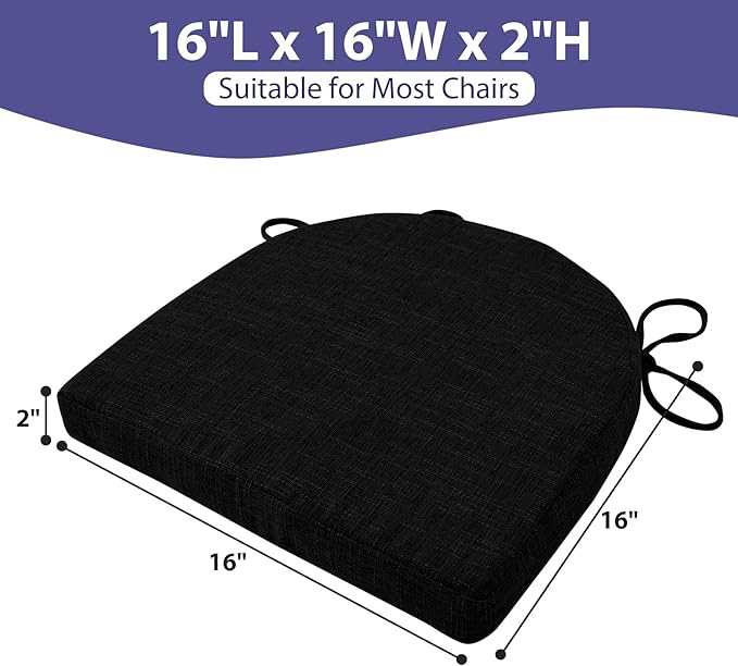 Chair Cushions for Dining Chairs with Ties and Removable Cover, Dining Kitchen Chair Pads with Non-Slip Bottom, High Density Foam Indoor Seat Cushions, 16'' x 16'' x 2'', Set of 4, Black