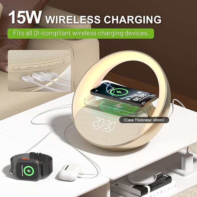 Bluetooth Alarm Clock, Sunrise Simulation Wake Up Night Light, 15W Fast Wireless Charging Alarm Clock for Bedroom, 10W Bluetooth Stereo Sound Speaker, USB Charger Port