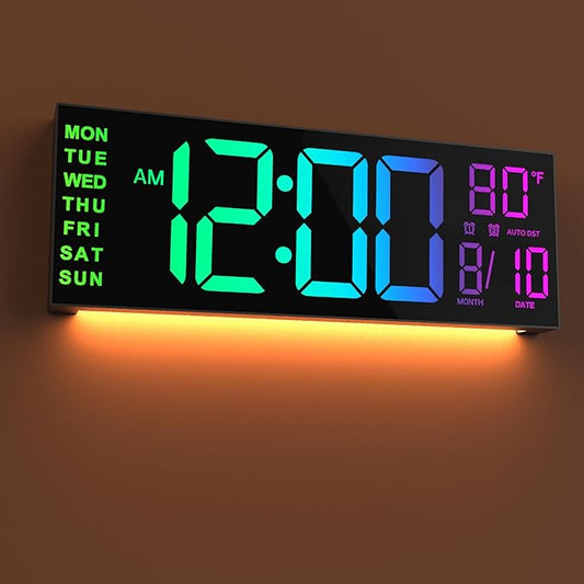 JALL 16" Large Digital Wall Mount Clock, Count Down Timer, Alarm, Big LED, 8 RGB Color, DST, Temperature for Living Room Classroom Desk, Xmas, Birthday Gift for Senior Mom Dad (Black, 16 inches)