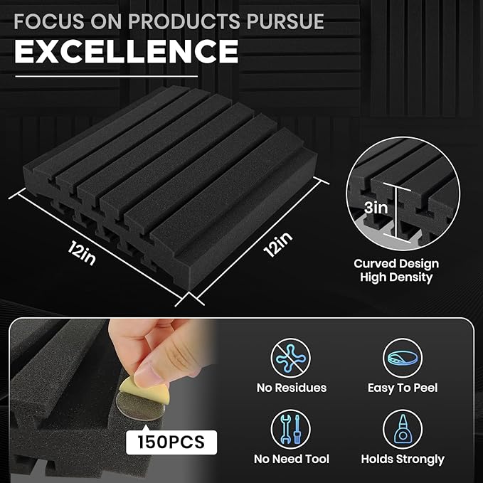 18 Pack Curved Acoustic Foam Panels 3" x 12" x 12" Sound Proof Foam Panels Soundproofing Noise Cancelling Wedge Panels for Home Office Recoding Studio with 150 PCS Double-Side Adhesive