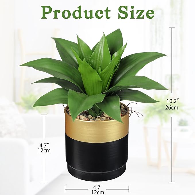 Briful Agave Artificial Wide Leaf Plant in Black and Gold Pot – 10.2” Tall Faux Greenery with Plastic Leaves & Pebble Base, Fake Plants for Indoor Table Decor, Desk, Shelf, Office or Bathroom