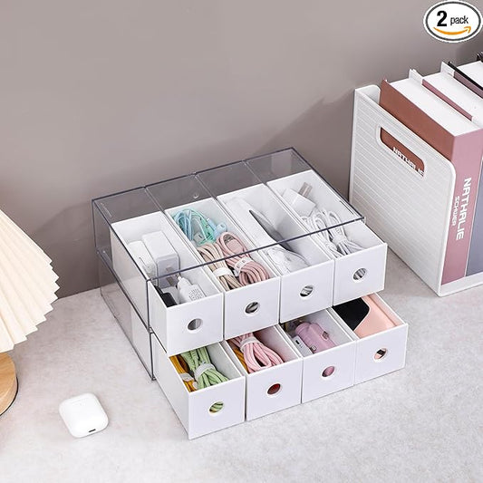 Yesesion 2 Pack Plastic Cord Organizer Drawers, Cable Storage Box with 40pcs of Wire Ties, Large Electronics Management Display Case for Desk Accessories, Office Supplies, USB, data Cable (White)