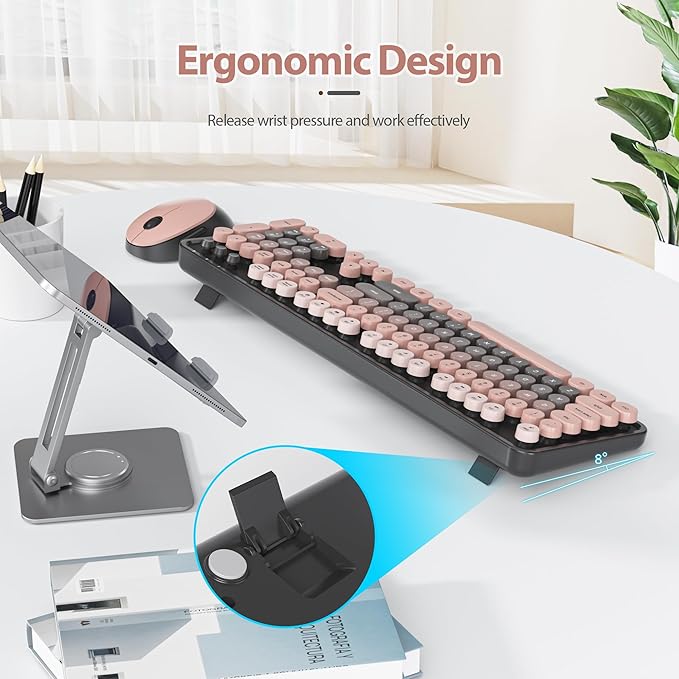 Fogruaden Pink Keyboard and Mouse Wireless, Retro Typewriter Keyboard, 2.4GHz 104 Keys Full Size Cute Keyboard with Number Pad, Gradient Colorful Round Keycaps for Windows PC Desktops Laptop