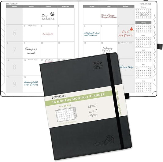 POPRUN Monthly Planner 2026-2027 (Large- 8.5" x 10.5" Soft Cover), 18-Month Calendar Book (Jan.2026 - Jun. 2027), Calendar Planner with Monthly Tabs & Pocket, 100 GSM Paper - Black