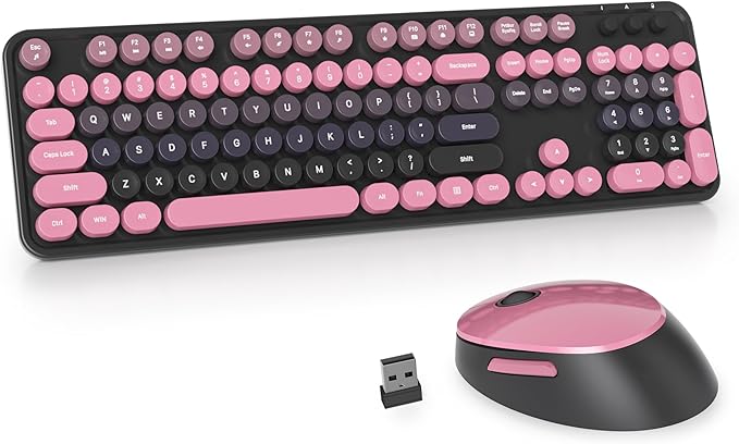Guffercty kred Black and Pink Keyboard and Mouse Wireless, Retro Typewriter Cute Colorful Wireless Keyboard Full-Size 2.4GHz with Round Keycaps for Desktop Laptop and PC (Pink Plum)