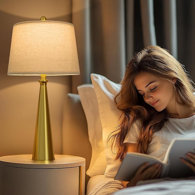 Oneach 25.75" 3-Way Dimmable Touch Control Modern USB Table Lamp Set of 2 for Living Room Bed Room Bedside Nightstand Lamps Fabric Shade Vintage Accent Light Gold Antique Brass