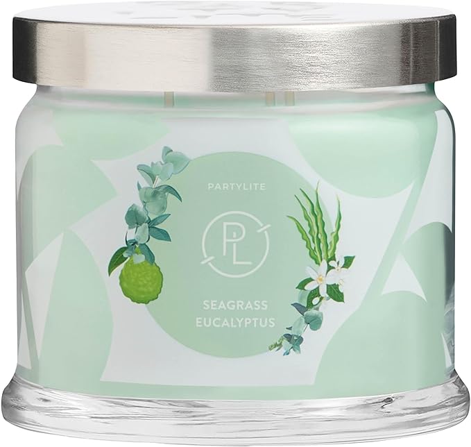 PartyLite Sea Grass Eucalyptus Scented, Notes of Eucalyptus, Lemon, Seagrass & Driftwood, 13.2oz 3-Wick Jar Candle, 45 Hour Burn Time, Luxurious Fragrance, Ideal for Gifting
