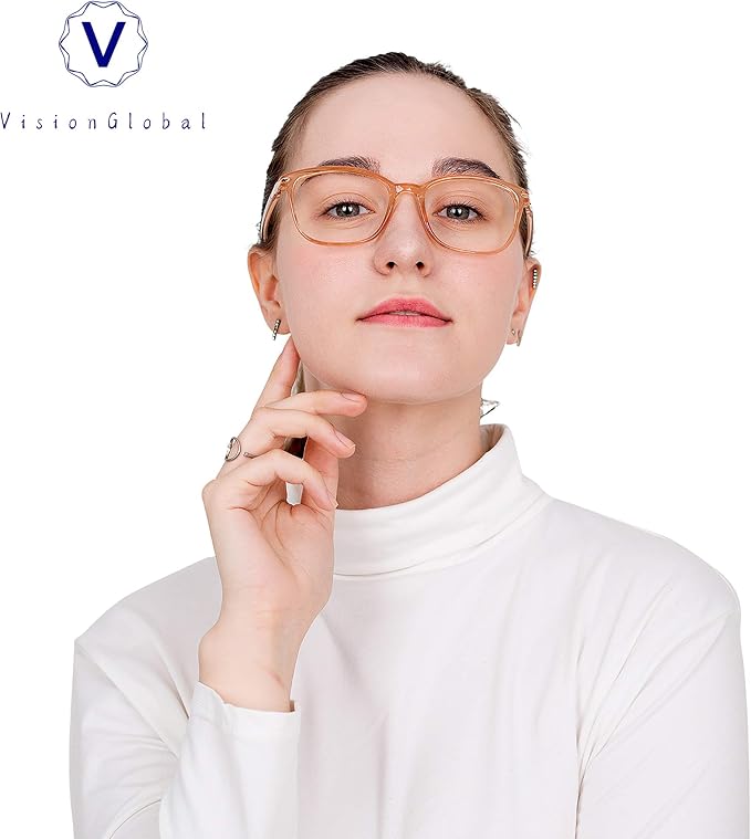 VisionGlobal Blue Light Blocking Glasses for Women/Men, Anti Eyestrain, Computer Reading, TV Glasses, Stylish Square Frame, Anti Glare(Champagne,+4.50 Magnification)