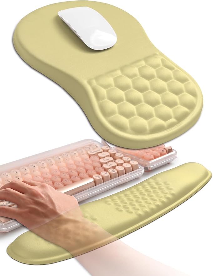 Hokafenle 2in1 Combination, Wave Keyboard Wrist Rest and Ergonomic Curvature Mouse Pad Wrist Support for Relieve Wrist Pain, Filled with Soft Cushion Memory Foam, Butter Yellow