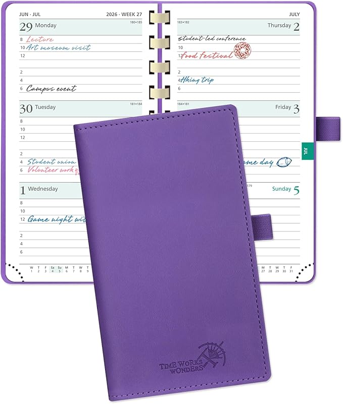 POPRUN 2026 Pocket Planner (Slim Size 3.5" x 6.5") Weekly and Monthly Calendar for Purse, with Hourly Time Slots, 100GSM Thick Paper, Spiral Soft Cover, Pen Holder - Purple