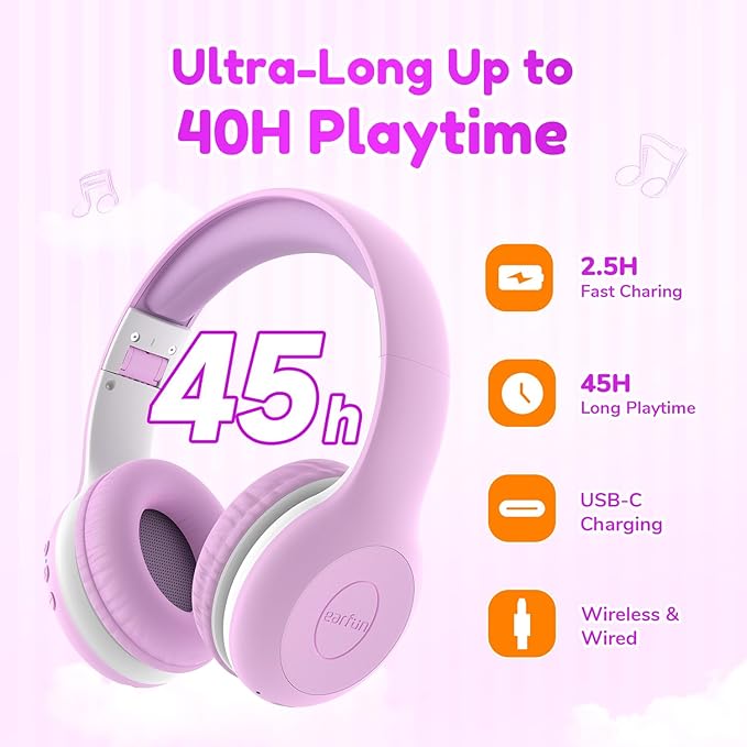 EarFun K2 Kids Bluetooth Headphones, Kids Headphones with Volume Limited, 40H Playtime, Built-in Mic, Stereo Sound, Foldable Over-Ear Headphone for School/Travel/iPad/Tablet, Violet