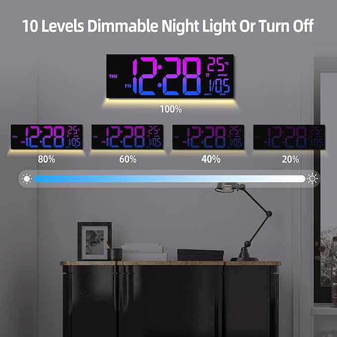 8 Colors Digital Wall Clock, 16.2" Large Digital Clock with Temperature, Date, Auto DST, Night Light, Auto Brightness Dimmer, 24/12-hour Wall Clock for Living Room Office Classroom Gym