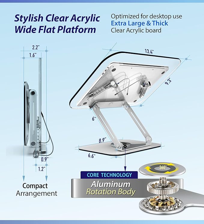 Acrylic Book Stand with 360° Rotating Body, Foldable Book Holder, Recipe and Laptop, Support up to 8.8 lb, Clear Stylish Ergonomic Design