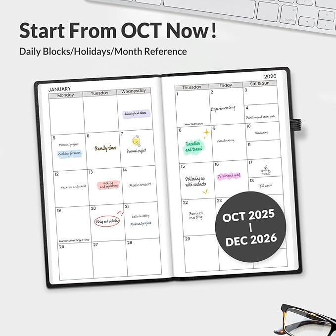 SUNEE 2026 Pocket Weekly Planner for Purse 3.5" x 6" - 12 Month (January 2026 - December 2026), Small Size Planner, Hardcover, Notes, Pocket, 100 GSM Paper, Black