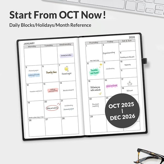 SUNEE 2026 Pocket Weekly Planner for Purse 3.5" x 6" - 12 Month (January 2026 - December 2026), Small Size Planner, Hardcover, Notes, Pocket, 100 GSM Paper, Black