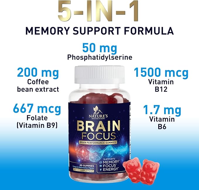Brain Supplements for Memory and Focus with Phosphatidylserine, Nootropic Memory Supplement Gummy for Brain Health, Concentration, Mental & Cognitive Support, Focus Vitamins with B6 & B12-60 Gummies