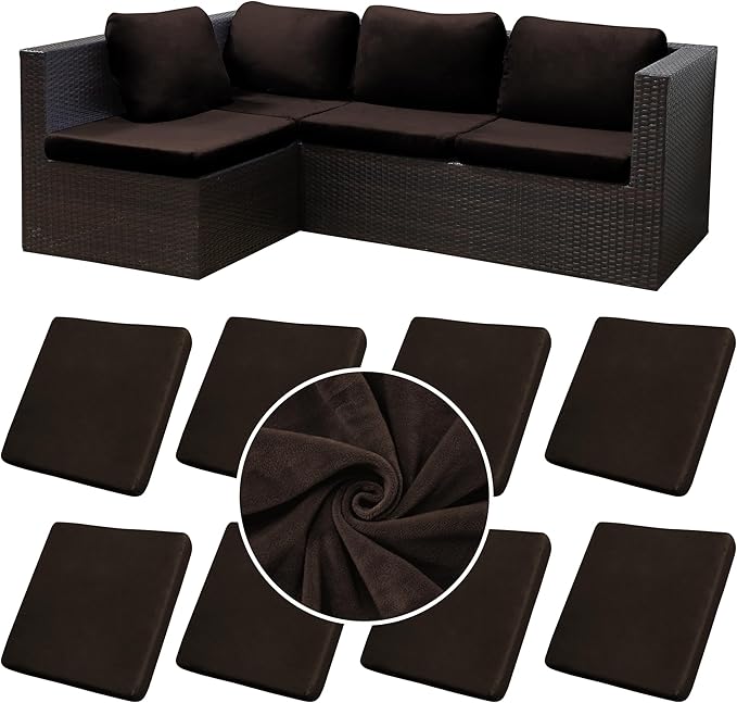 8Pcs Stretch Velvet Patio Cushion Cover,Fluffy,for Fall Outdoor Couch Cushion Cover Replacement,Washable Indoor Outdoor Cushion Slipcovers(Coffee,Cover Only)