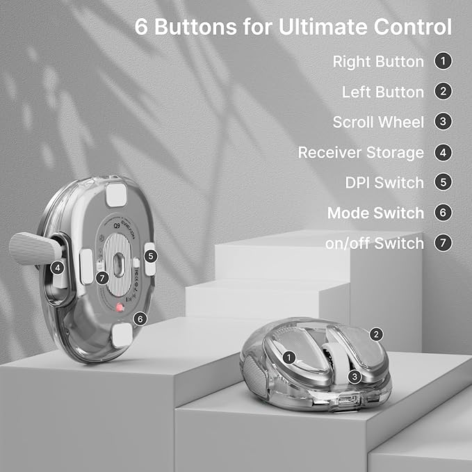 EWEADN Q9 Wireless Clear Mouse Dual Mode Bluetooth & 2.4G USB Computer Mouse with RGB Lighting, Silent Clicks, Multi-Device Compatibility for Laptop, PC, MacBook, iPad Cute Mouse-Sliver
