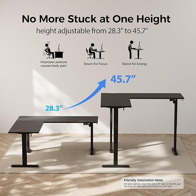 Agilestic 75 Inch L Shaped Standing Desk Adjustable Height, Corner Standing Desk, Sit Stand Up Computer Table, Splice Board, Black